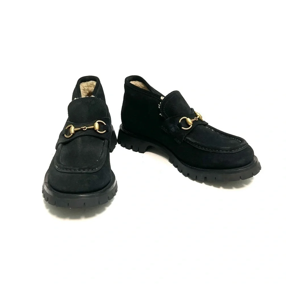 GUCCI | Mens black suede shearling lined Harald Horsebit platform loafers